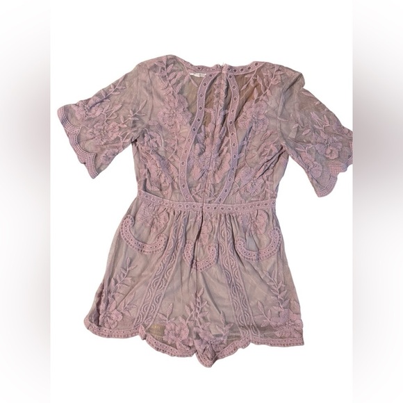 Honey Punch Boho Floral Embroidered Lace Romper One Piece Plunge V-Neck Pink L - Picture 3 of 12
